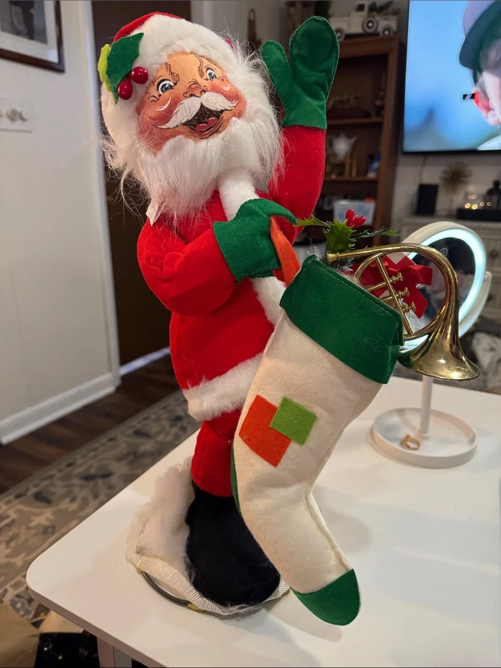 Annalee Red Santa Doll with Blue-Striped Apron and Green Toy Train